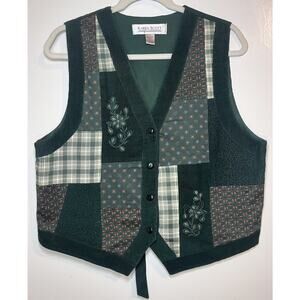 Vintage Karen Scott Corduroy Vest Size M Green Patchwork Fairy Cottage Granny